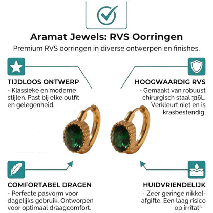 Aramat Jewels gold mini hoop earrings with oval green zirconia stones, 15mm diameter.