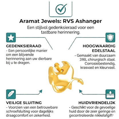 Aramat Jewels gold-tone stainless steel heart pendant with devil motif. Water-resistant, screw closure, holds 1g ash.