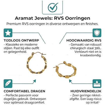 Aramat Jewels gold-coloured stainless steel hoop earrings with a twisted design and block details, 25x23mm.