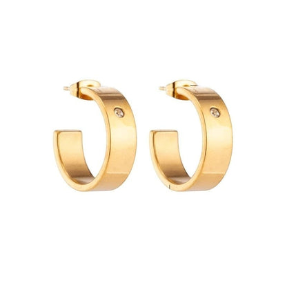 Aramat Jewels gold-tone stainless steel hoop earrings with a small clear cubic zirconia accent. Diameter 23mm.