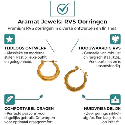 Aramat Jewels small gold-tone stainless steel hoop earrings with segmented design and hinge closure.