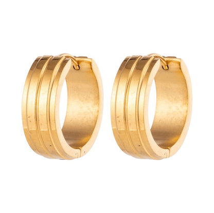 Aramat Jewels gold-tone stainless steel hoop earrings with two raised stripes, 20mm diameter.