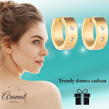 Aramat Jewels gold-tone stainless steel hoop earrings with double zirconia stones, 13mm or 20mm diameter.