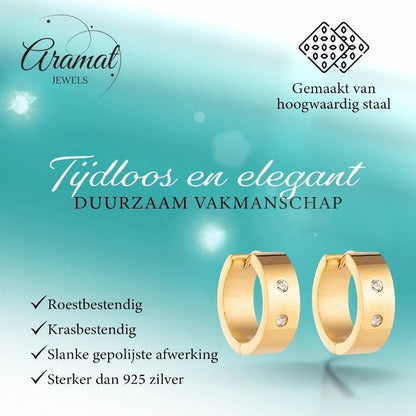 Aramat Jewels gold-tone stainless steel hoop earrings with two clear cubic zirconia stones, 13mm or 20mm diameter.