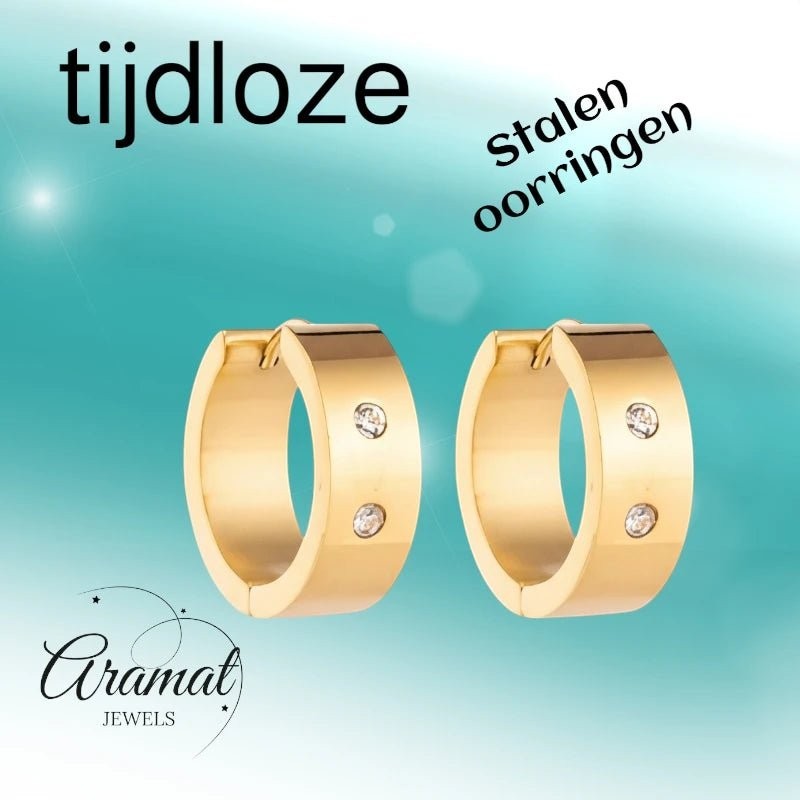 Aramat Jewels gold-tone stainless steel hoop earrings with two clear cubic zirconia stones on each earring.