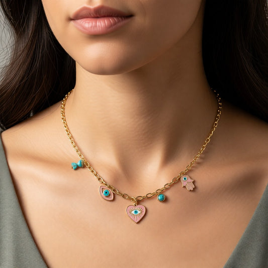 Aramat Jewels gold-tone stainless steel chain necklace with enamel hamsa, evil eye, heart charms and turquoise beads.