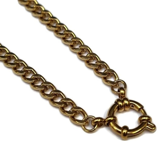 Aramat Jewels gold-tone stainless steel gourmet link charm necklace with a circular clasp.