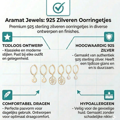 Aramat Jewels set of 3 pairs of gold-plated 925 silver hoop earrings with star and compass designs, accented with cubic zirconia.