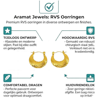 Aramat Jewels gold-colored stainless steel hoop earrings with a curved striped pattern, 20mm diameter.