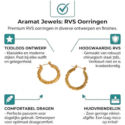Aramat Jewels gold-colored stainless steel hoop earrings with a striped engraving, 26x25mm.