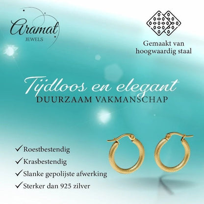 Aramat Jewels gold textured stainless steel hoop earrings, 22mm diameter, with a diamond-like pattern and secure clasp.