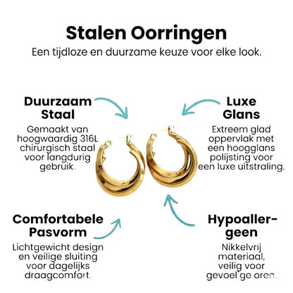 Aramat Jewels gold-tone stainless steel triple hoop earrings, 25x9mm, with a crossover design and hinge closure.
