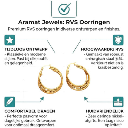 Aramat Jewels triple gold hoop earrings with a twisted textured inner ring, 30x7mm, made of stainless steel.