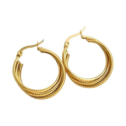 Aramat Jewels gold-tone stainless steel triple hoop earrings with a striped pattern, 25mm diameter.