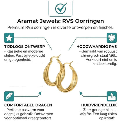 Aramat Jewels gold-colored triple hoop earrings with a striped pattern, made of stainless steel.