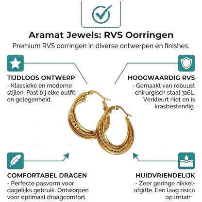 Aramat Jewels gold-tone stainless steel triple hoop earrings with a twisted design and textured detail, 25mm diameter.