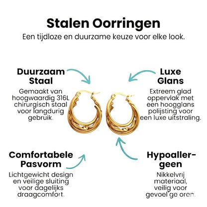 Aramat Jewels gold-tone stainless steel 3-in-1 hoop earrings with twist detail, 20mm diameter.