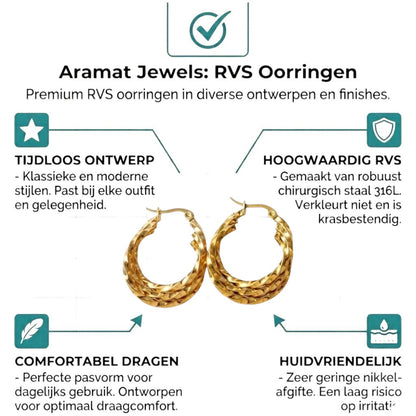 Aramat Jewels gold-tone stainless steel triple twisted hoop earrings, 25x7mm, with a secure hinge closure.