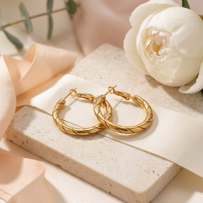 Aramat Jewels gold-tone stainless steel hoop earrings with a twisted rope motif, 25x3.5mm, featuring a clasp closure.