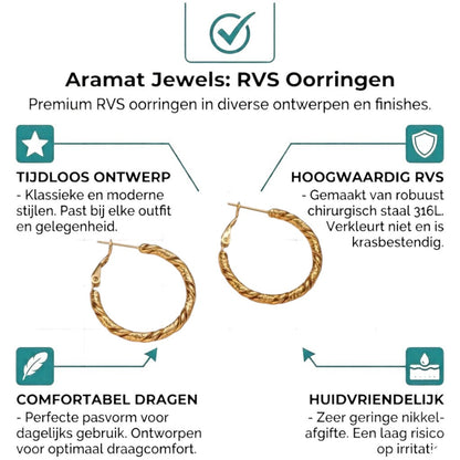 Aramat Jewels gold-colored stainless steel hoop earrings with a twisted rope motif, 25mm diameter.