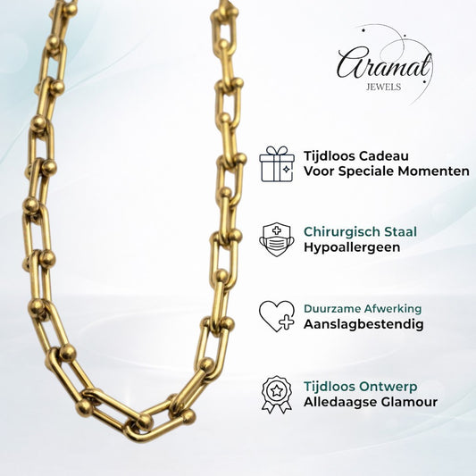 Aramat Jewels gold U-link chain necklace with small balls on each link, 40+5cm length, made of stainless steel.
