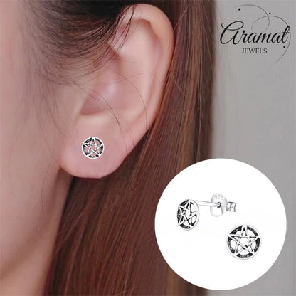 Aramat Jewels sterling silver gothic star stud earrings, antique look, 6mm round, detailed relief, hypoallergenic
