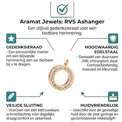 Aramat Jewels® goudkleurige cirkel ashanger met kristallen, gemaakt van roestvrij staal.