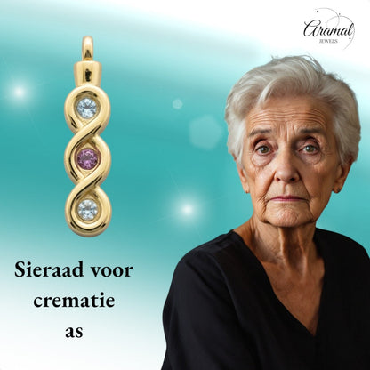 Aramat Jewels® goudkleurige stalen ashanger met zirkonia en blauwe steentjes, infinity design, zonder ketting.