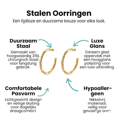 Aramat Jewels goudkleurige halve oorringen van roestvrij staal met een elegant gedraaid motief van 30mm.