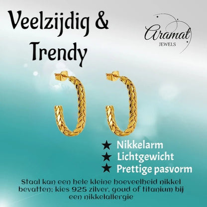 Aramat Jewels goudkleurige rechthoekige oorstekers met gourmetschakel-structuur, gemaakt van roestvrij staal.