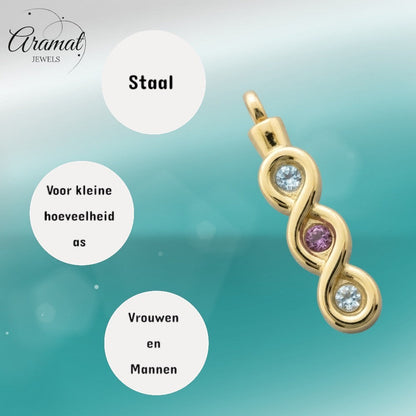 Aramat Jewels® goudkleurige stalen ashanger met zirkonia en infinity design, 2 blauwe en 1 roze steen