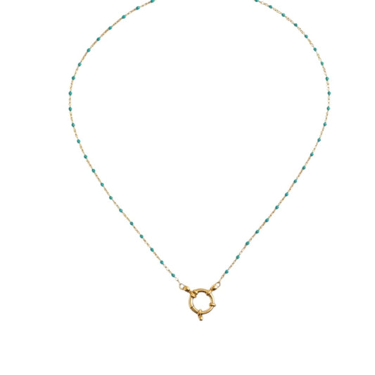 Aramat Jewels gold chain necklace with small green enamel beads and a circular clasp.