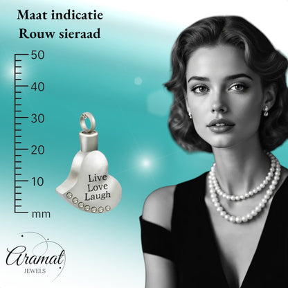 Aramat Jewels silver-tone stainless steel heart-shaped cremation pendant with "Live Love Laugh" engraving and crystal accents.