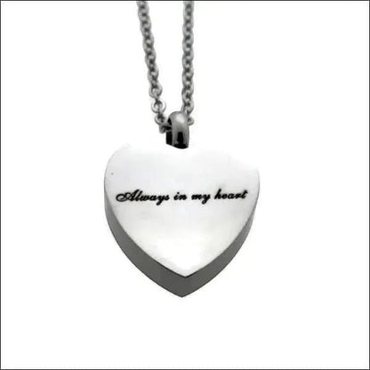 Aramat Jewels silver-tone stainless steel heart-shaped cremation pendant with "Always in my heart" engraving, 2.5x2cm, on a 50cm chain.
