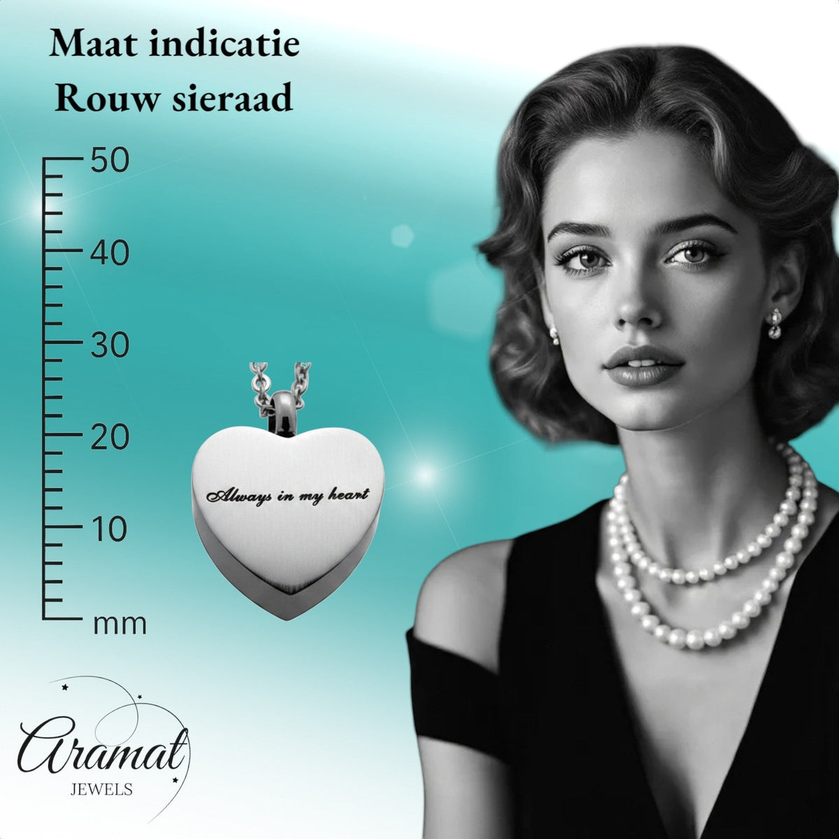 Aramat Jewels silver-tone stainless steel heart-shaped cremation pendant with "Always in my heart" engraving, 2.5x2cm, on a 50cm chain.