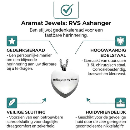 Aramat Jewels silver-tone stainless steel heart-shaped cremation pendant with "Always in my heart" engraving, 2.5x2cm, on a 50cm chain.