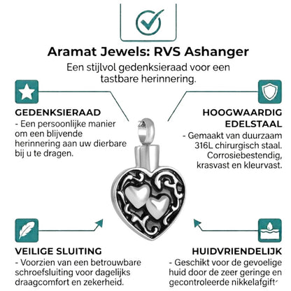Aramat Jewels silver and black stainless steel cremation pendant with two hearts design, 30x18mm.
