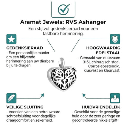 Aramat Jewels silver-tone stainless steel heart-shaped cremation urn pendant with black enamel filigree detail.