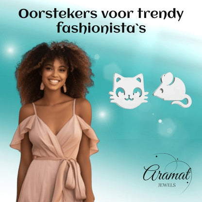 Aramat Jewels zilverkleurige oorstekers met kat- en muisvorm, 10mm, van roestvrij staal.
