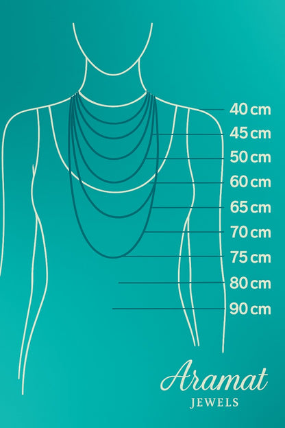 Maattabel voor Aramat Jewels kettingen met een lengte van 60 cm aangegeven op een vrouwelijk silhouet