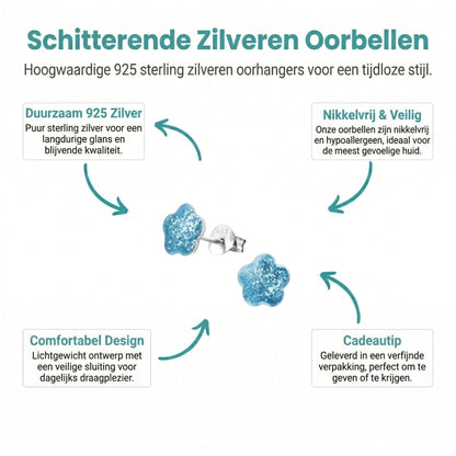 Aramat Jewels 925 zilveren kinderoorbellen met blauwe glitter bloem 8mm