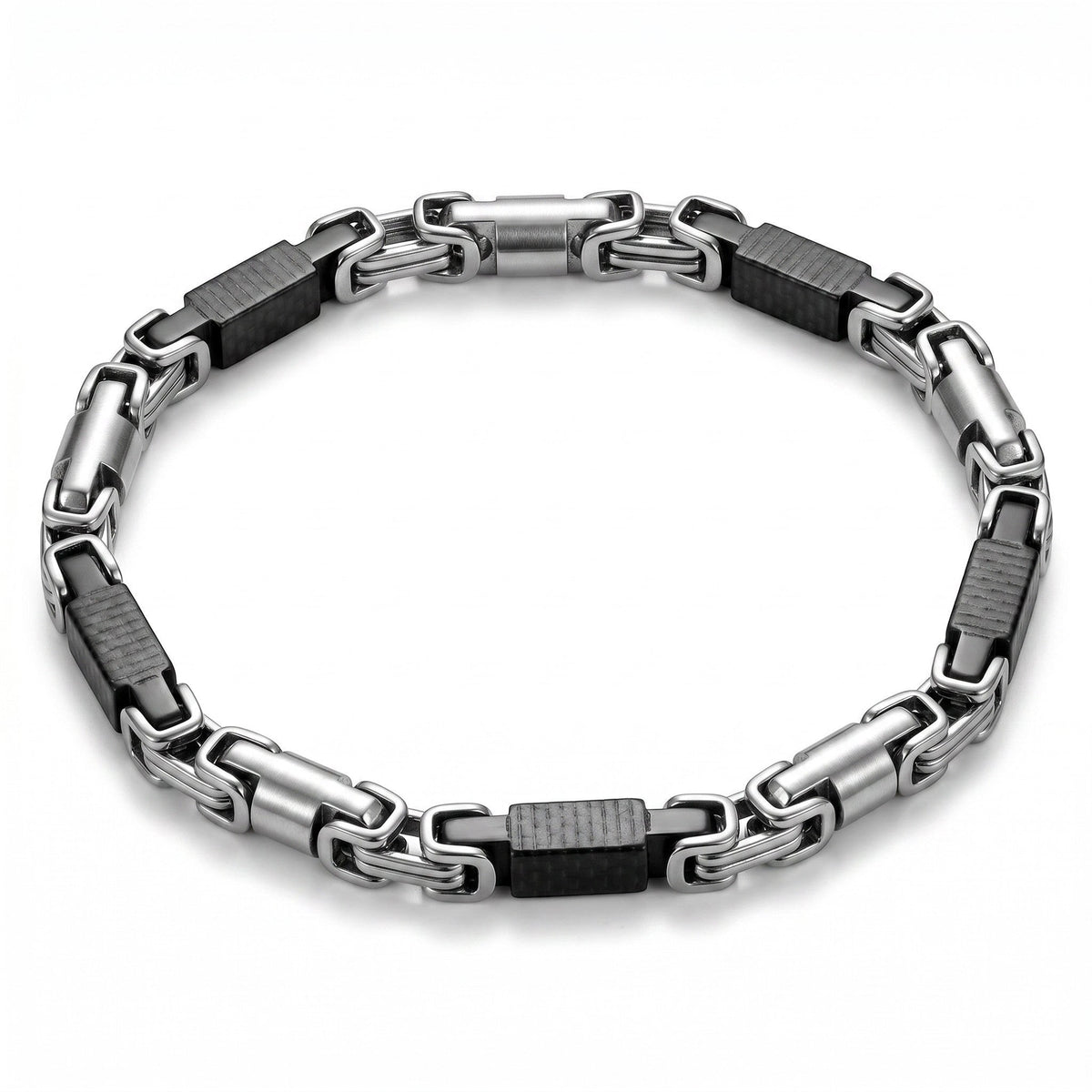Aramat Jewels stoere koningsschakel armband van edelstaal met zwarte accenten en karabijnslot, 6mm breed en 23cm lang.