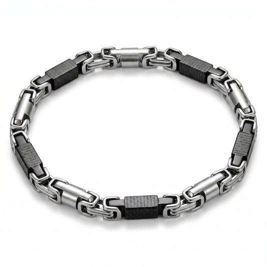 Aramat Jewels stoere koningsschakel armband van edelstaal met zwarte accenten en karabijnslot, 6mm breed en 23cm lang.