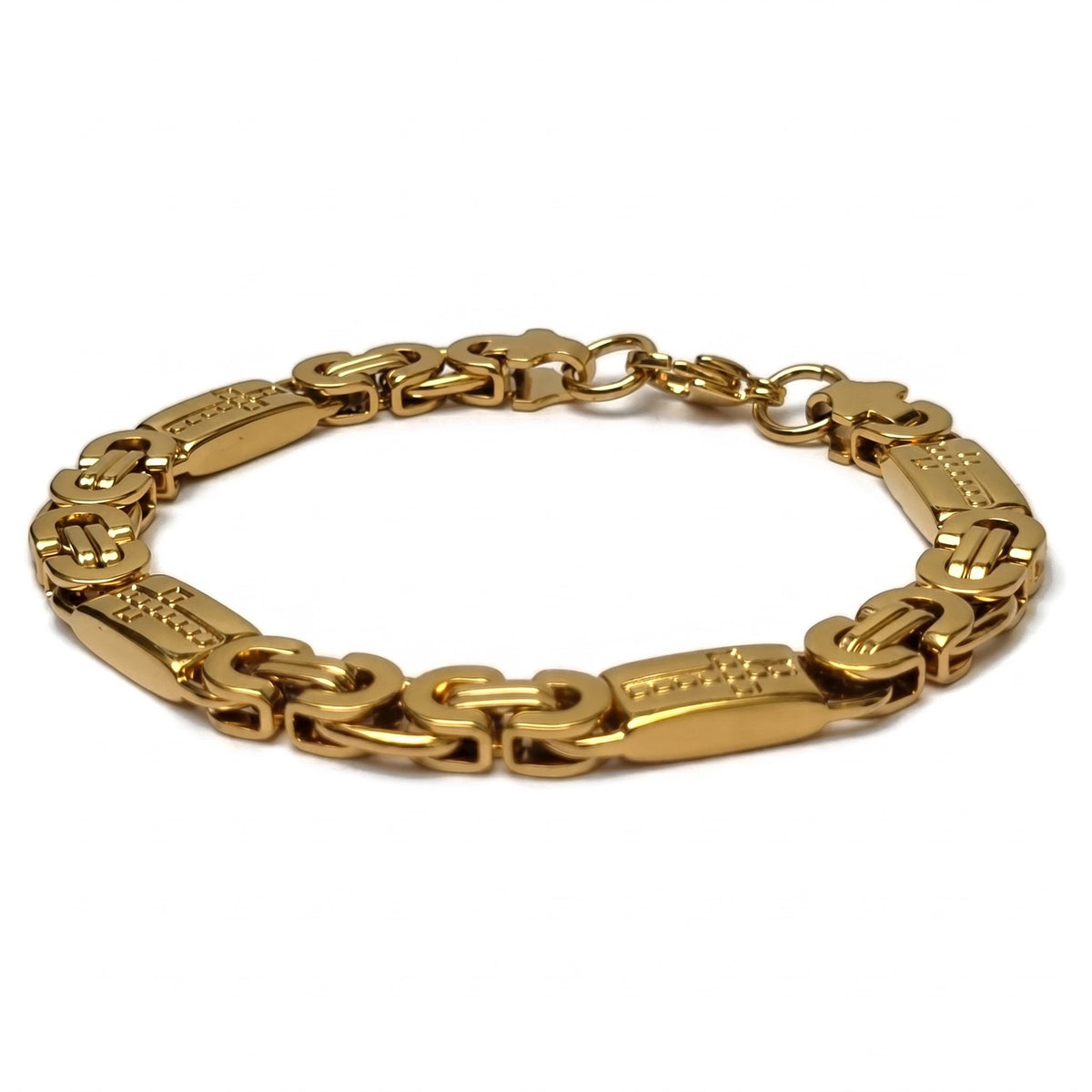 Goudkleurige koningsschakel armband van edelstaal met kruisjes, 21cm lang en 8mm breed.