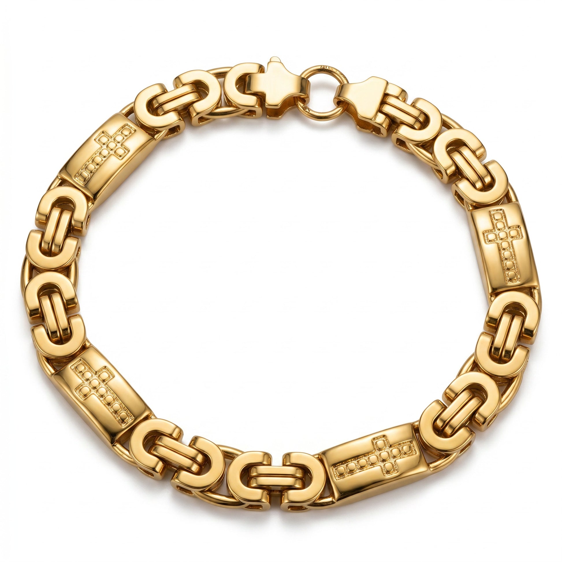 Aramat Jewels goudkleurige koningsschakel armband met kruisjes, gemaakt van edelstaal, 21cm lang en 8mm breed.