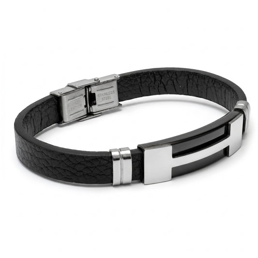 Aramat Jewels stoere heren armband van zwart leer met zilverkleurige RVS streep en sluiting.