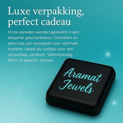 Aramat Jewels luxe verpakking, perfect cadeau. Sieraden geleverd in elegante geschenkdoos, ideaal voor verjaardag, jubileum, Valentijnsdag, Kerst of zomaar.