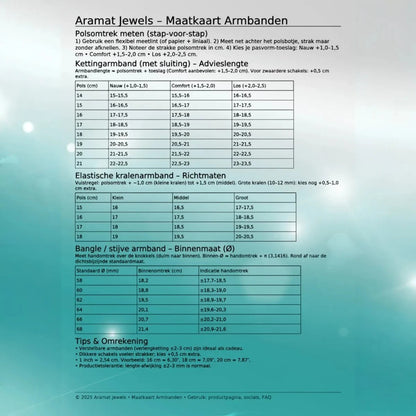 Aramat Jewels maattabel voor armbanden met instructies voor het opmeten van de polsomtrek en advieslengtes.