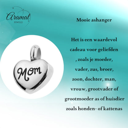Aramat Jewels silver-tone stainless steel heart-shaped cremation charm with 'Mom' inscription, 12mm