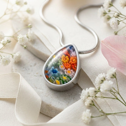 Aramat Jewels teardrop pendant with colourful Murano glass floral inlay, 2cm, 316L stainless steel.